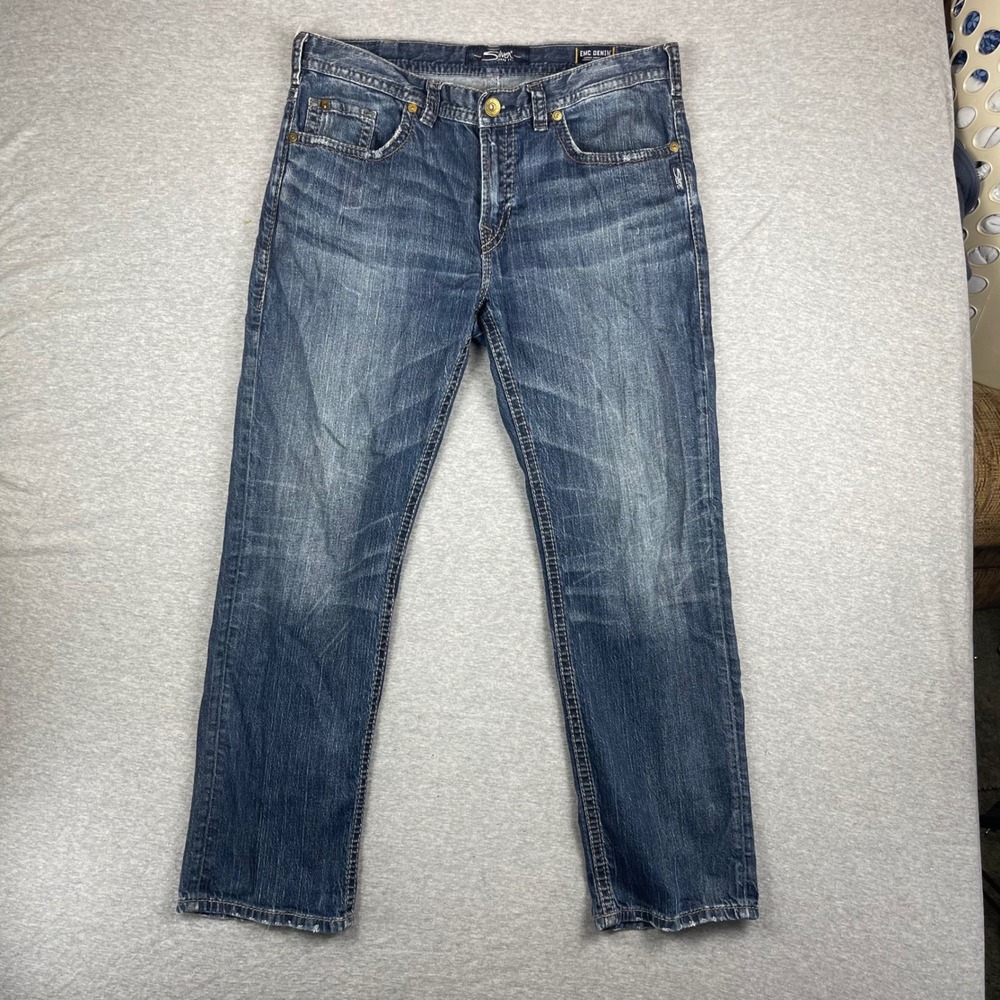 Silver Grayson Jeans Mens 36x32 Straight Leg Stretch Blue Embroidered Pockets